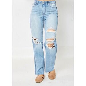 JUDY BLUE 90s Straight Jeans Light Wash Distressed Rainbow Threads Women 16W